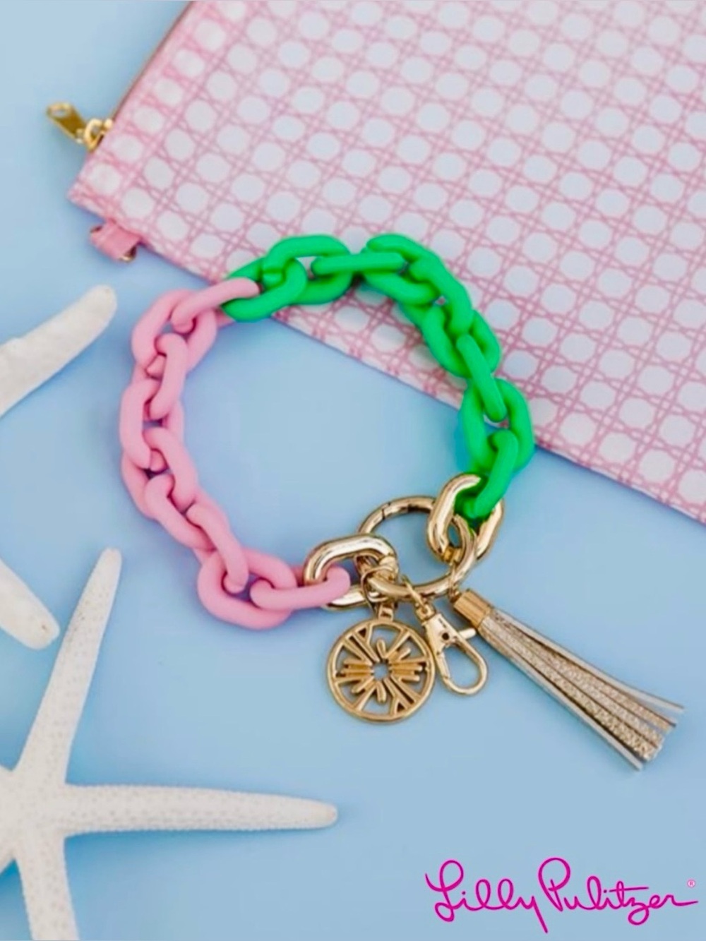 NEW Lilly Pulitzer bracelet bag charm chain link keychain seashell gold tassel